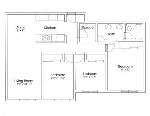 Floor plan for 3 beds, 1 bath, 1120 sqft